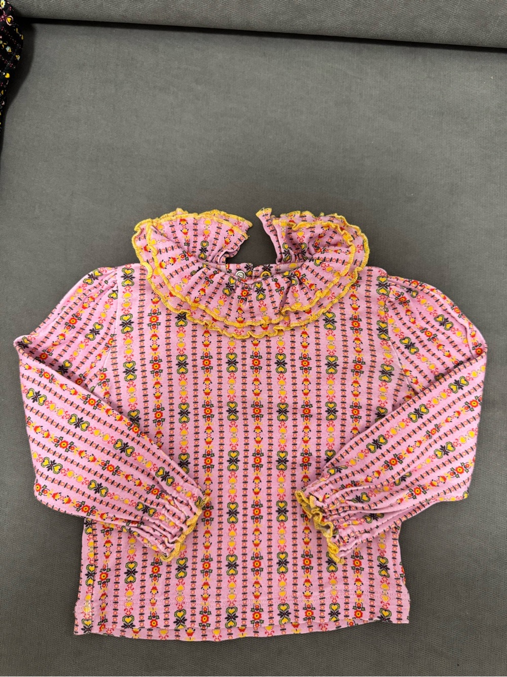 Misha And Puff Pink Floral-Striped Ruffle Neck Long Sleeve Top